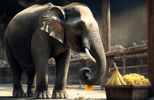 Elefante pelando plátanos