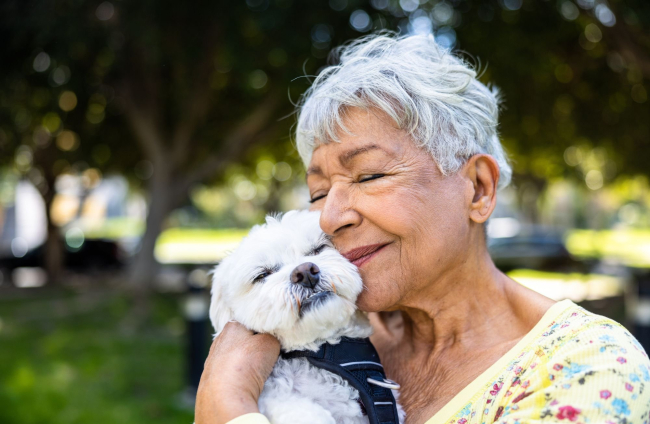 Mujer mayor con su perro de raza bichón maltés