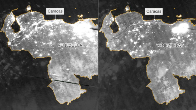 Imágenes de satélite de Venezuela en las noches del 7 y 8 de marzo de 2019. Créditos: NASA.