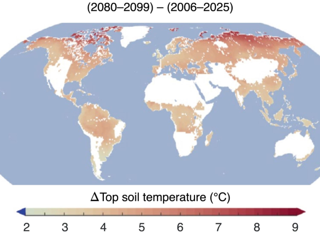 Mapa con el incremento previsto en la temperatura del suelo en regiones actualmente no áridas para los años 2080-2099 comparado con los valores de 2006-2025; expresado en diferencia de grados celsius (Grünzweig et al., 2022)