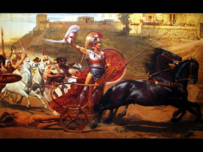 Aquiles tras derrotar a Héctor. Imagen: Wikimedia Commons.