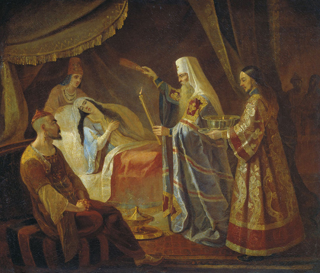 El obispo Alesssio Kapkov le cura la ceguera a la reina tártara Taidula en presencia de Janibeg/ Wikimedia Commons