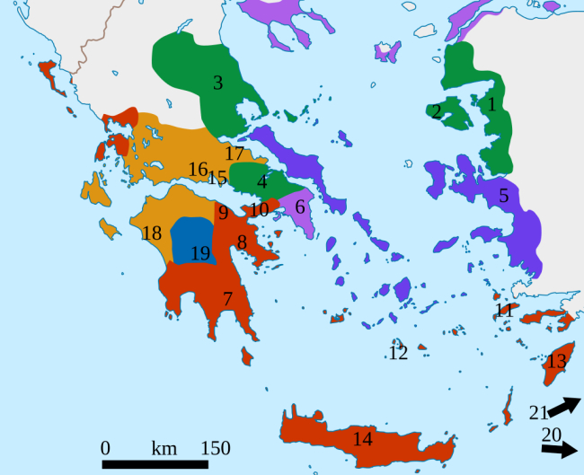 Dialectos en la Grecia antigua (1 a 4, eólico; 5: jónico; 6: ático; 7 a 14: dórico; 15 a 18: noroccidental; 19 a 21: arcadio-chipriota)