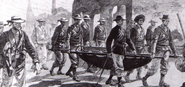 Ilustración del vicealmirante Seymour regresando a Tianjin junto a sus soldados heridos