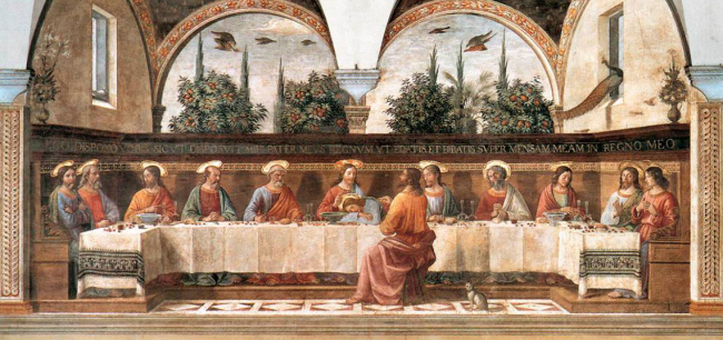 Obra de Ghirlandaio, La última cena, en la que se puede observar a un gato a los pies de Judas. Fuente: WikimediaCommons.