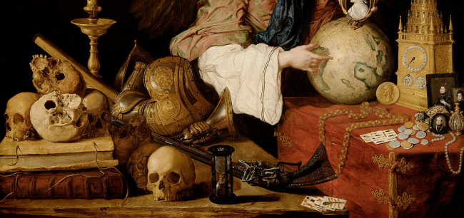 Obra de Antonio Pereda titulada Alegoría de la vanidad, en la que se observan objetos como los relojes de arena y las calaveras humanas. Fuente: WikimediaCommons.