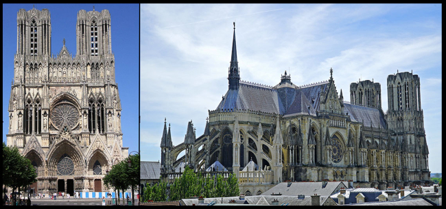 Alzado y fachada de la catedral gótica de Reims, una de las joyas de la arquitectura medieval. Fuente: WikimediaCommons.