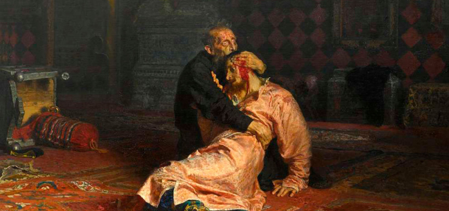 Cuadro de Ilía Repin del año 1885 titulado “Iván el Terrible y su hijo”, en el que se muestra el momento de su homicidio tras un arrebato de locura. Fuente: Wikimedia Commons.