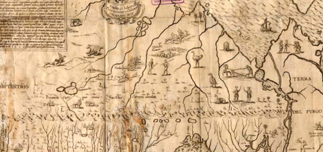 Mapa parcial con las exploraciones al sur de la costa chilena elaborado a finales del siglo XVI. Fuente: Biblioteca Nacional de Chile.