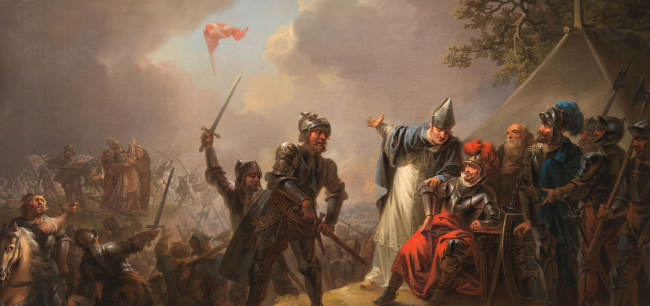 Obra del pintor neoclásico danés Christian August Lorentzen titulada “La batalla de Lyndanisse de 1219”. Fuente: Wikimedia Commons.