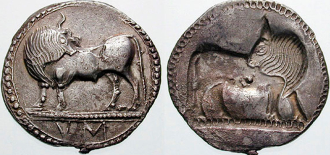 Moneda acuñada en la colonia griega entre los años 550 y 510 a.C. Fuente: Wikimedia Commons.