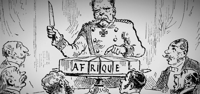 Caricatura publicada en la prensa francesa en 1885 tras las sesiones de la Conferencia de Berlín. Fuente: Wikimedia Commons.