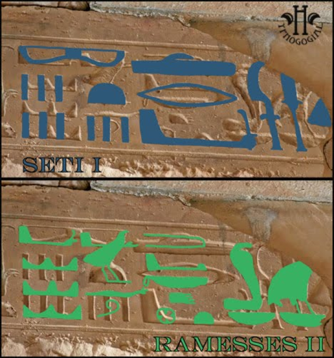 Resaltado de los jeroglíficos de Seti I (azul) y de Ramsés II (verde) - Fuente: Hypnogogial, raincool.blogspot.com