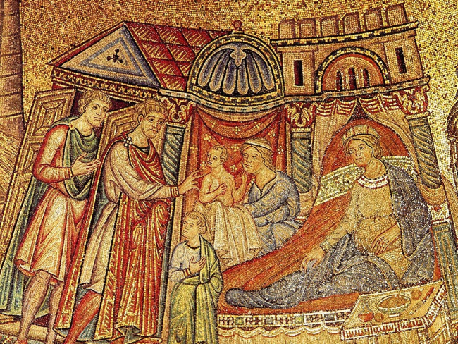 Mosaico que representa a José y Aseneth en la basílica de San Marcos. Imagen: Wikicommons