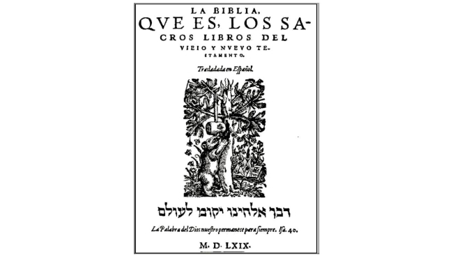 Una de las ediciones de la Biblia del Oso con su famoso animal comiendo miel en la página del título. Wikimedia.