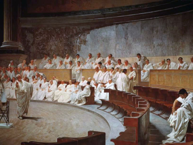 Cicerón denuncia a Catilina. Obra de Cesare Maccari de 1880. Wikimedia.