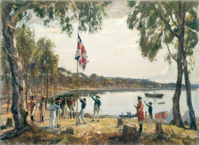 La fundación de Australia por el Capitán  Arthur Phillip R.N. Sydney Cove, 26 de enero de 1788. Algernon Talmage