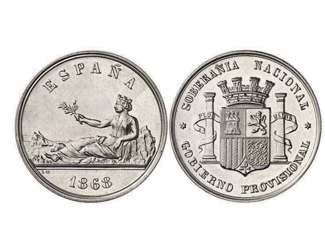 Primera moneda de una peseta, acuñada en 1868