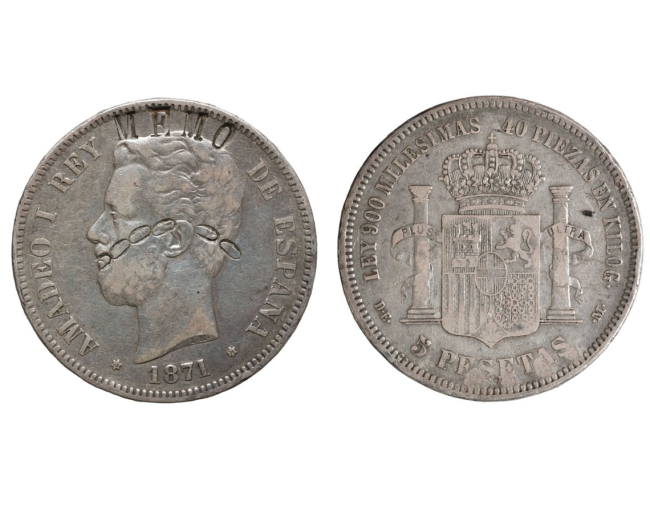Moneda de cinco pesetas con la efigie de Amadeo de Saboya vandalizada
