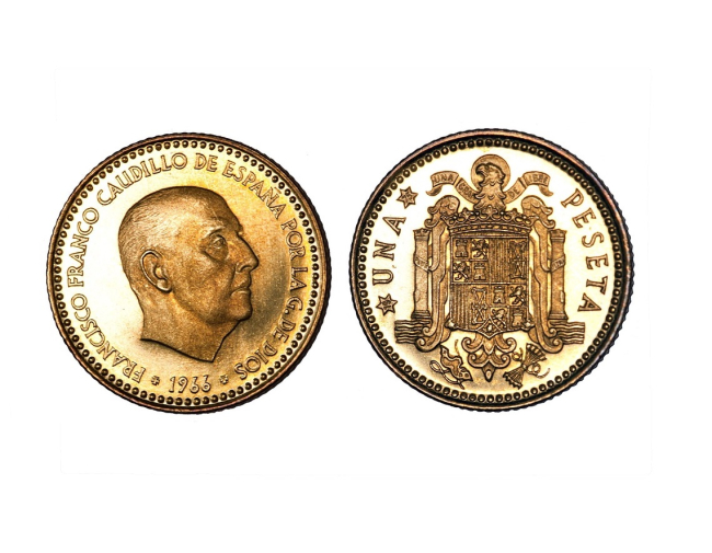 Moneda de una peseta con la imagen de Franco