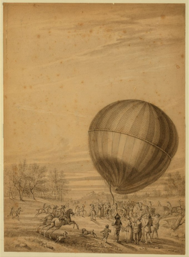 Grabado del globo aerostático de Charles y Robert. Wikimedia.
