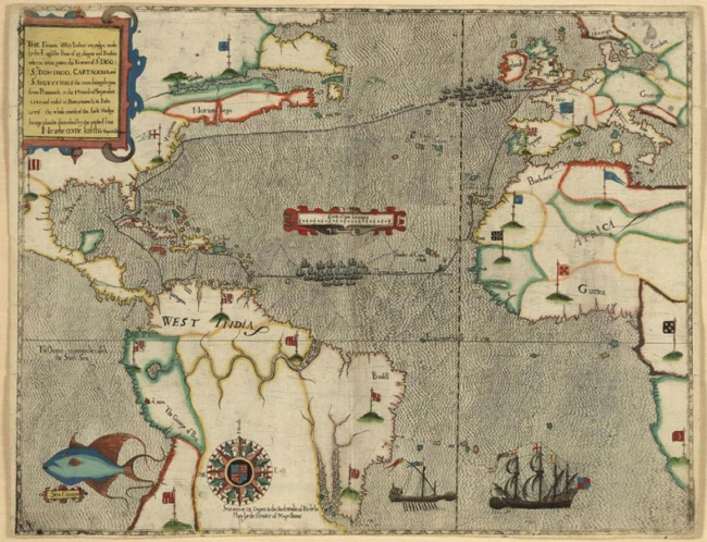 Ruta de la expedición que Francis Drake capitaneó contra las posesiones españolas. Wikimedia.