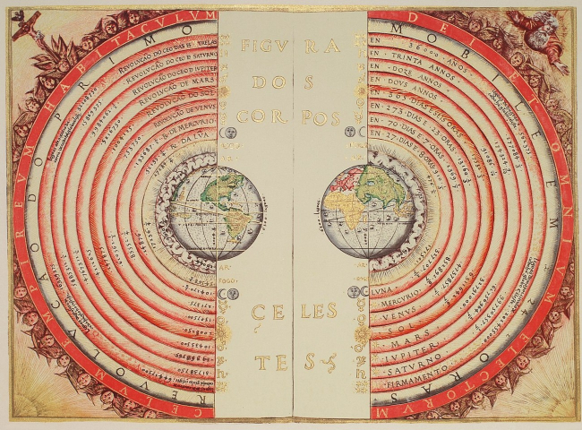 Ptolemaic geocentric system by Portuguese cosmographer and cartographer Bartolomeu Velho, 1568 (Bibliothèque Nationale, Paris)