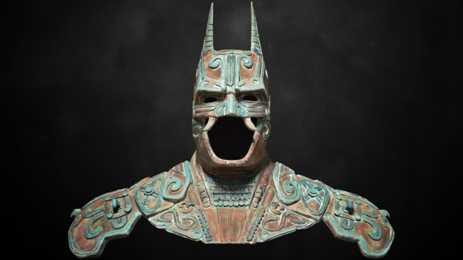 Traje de Batman inspirado en el arte maya diseñado para celebrar el 74 aniversario del personaje. Estudio Kimbal.