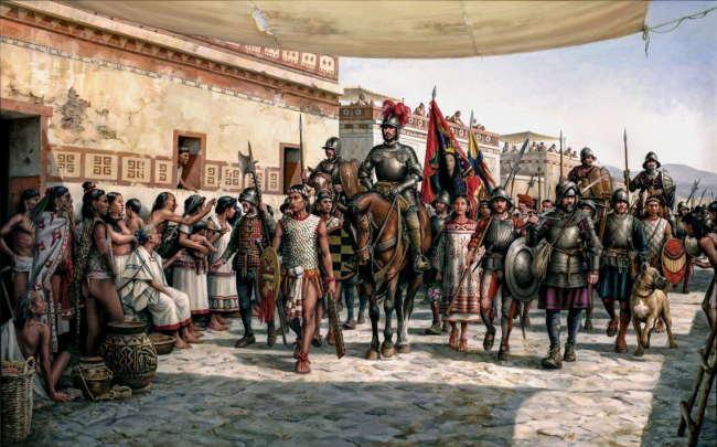 Cortés a caballo y Malinche a su izquierda en la entrada a Tenochtitlán. Augusto Ferrer Dalmau. Wikimedia.