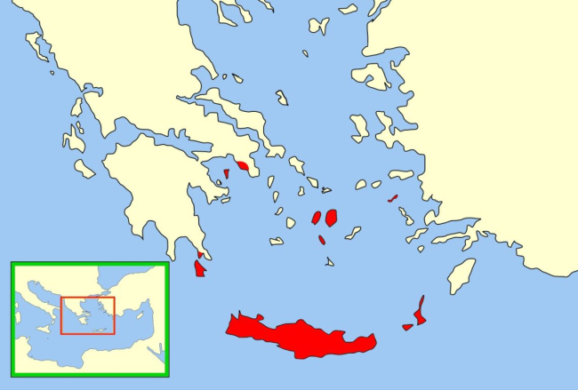 Mapa con los territorios controlados por el emirato de Creta hacia el siglo X. Wikimedia.