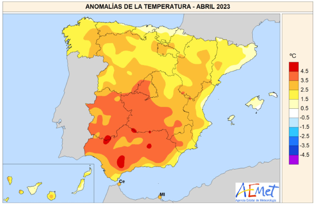 Anomalías térmicas en abril de 2023