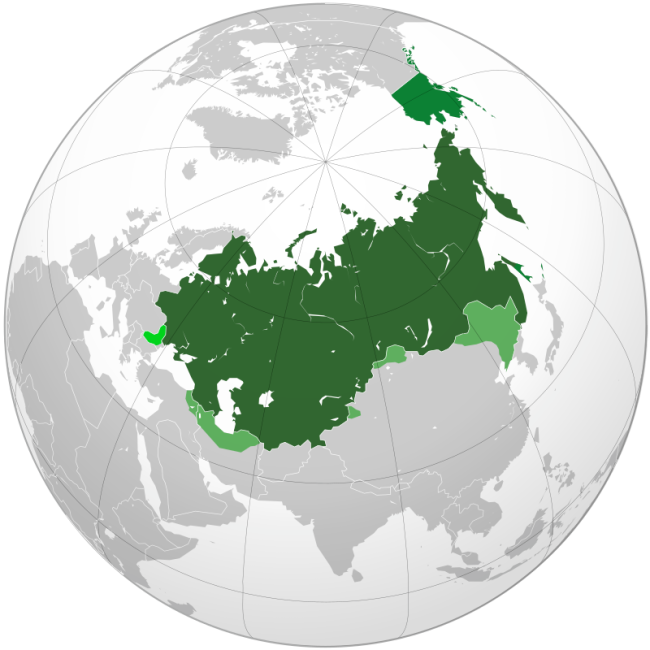 El imperio ruso y sus zonas de influencia en verde más claro