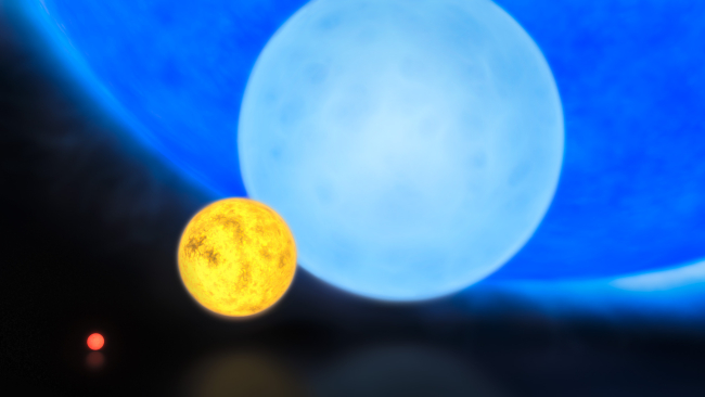 Tamaños relativos entre una enana roja, el Sol, una estrella azul y R136a1