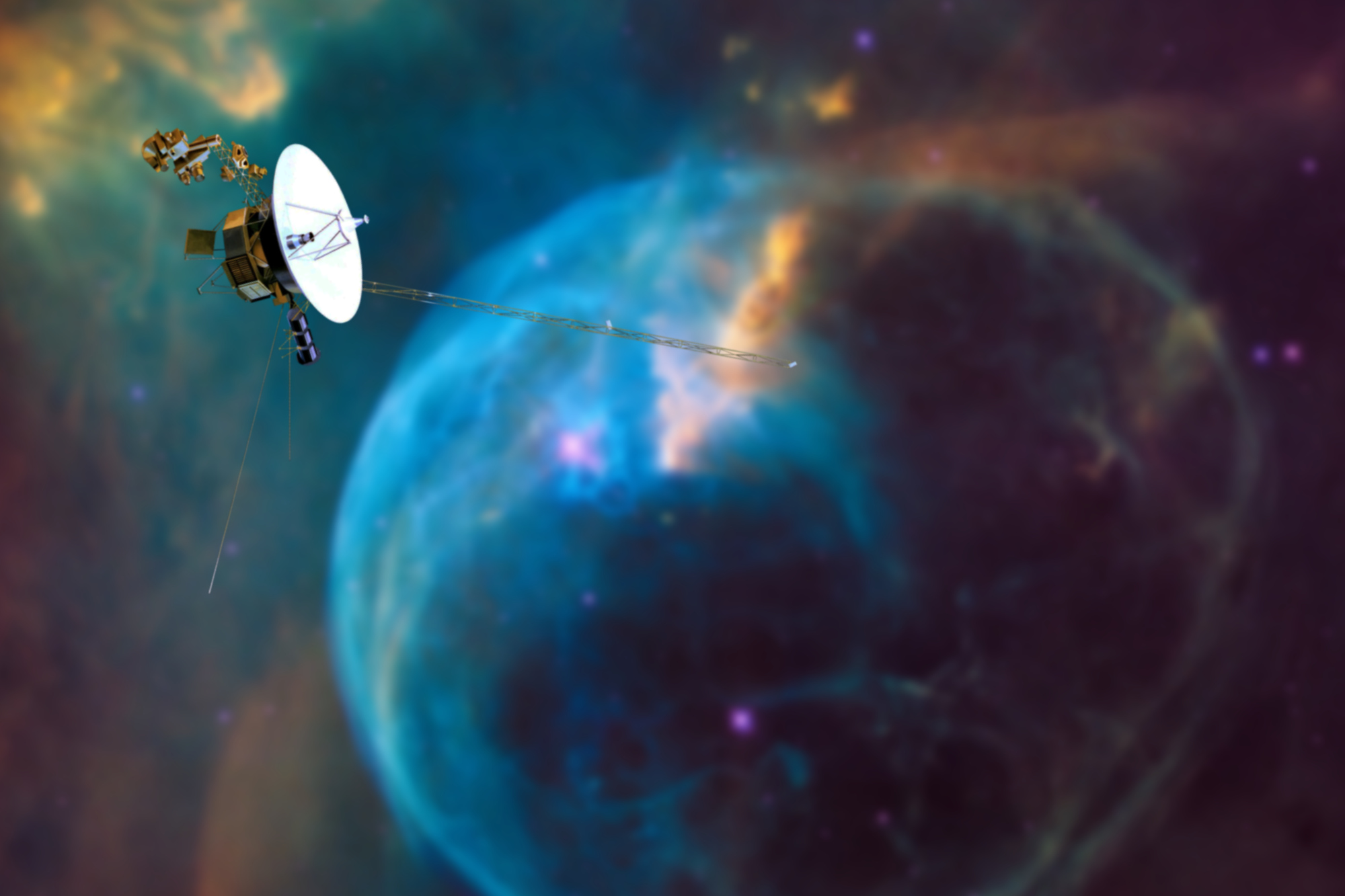 Photomontage of the Voyager 1 probe with NGC 7635 in the background